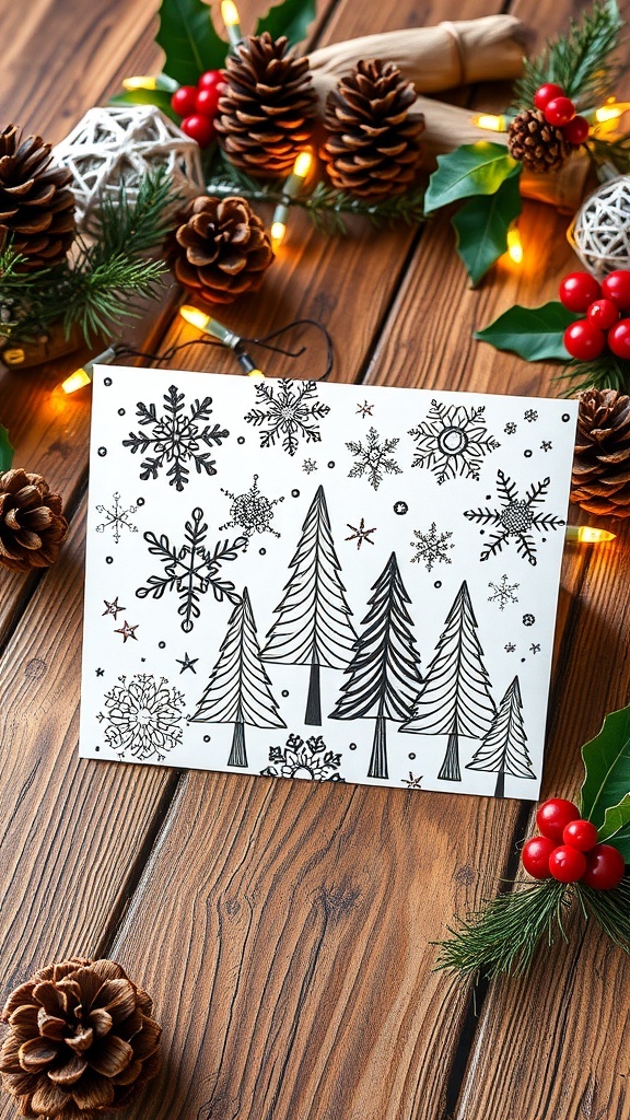 Zentangle Christmas card with snowflakes and trees on a wooden table with festive decorations.